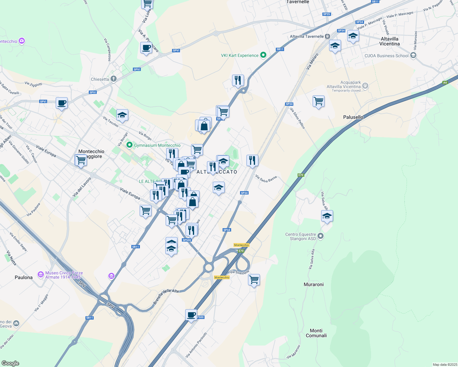 map of restaurants, bars, coffee shops, grocery stores, and more near 17 Via Adige in Montecchio Maggiore