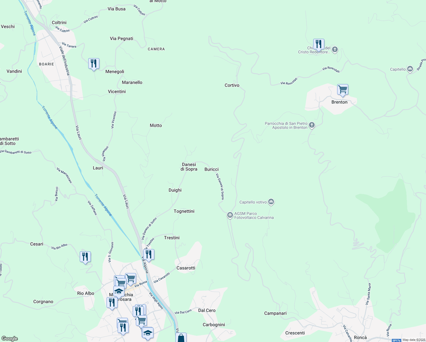 map of restaurants, bars, coffee shops, grocery stores, and more near 40 Via Danesi di Sopra in Buricci
