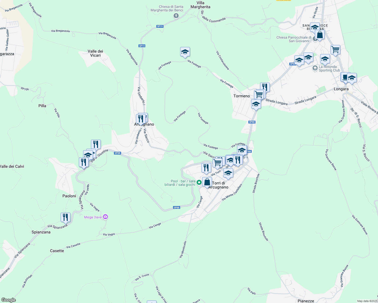 map of restaurants, bars, coffee shops, grocery stores, and more near 55 Via Giardini in Torri di Arcugnano