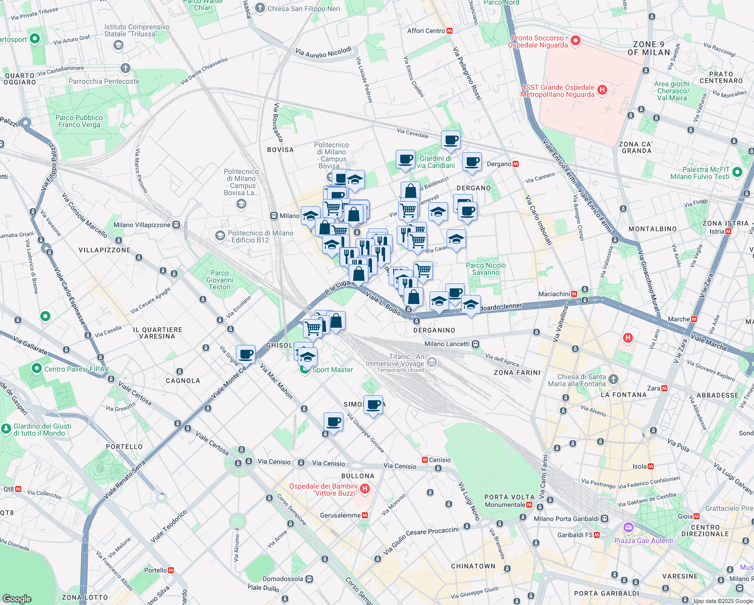 map of restaurants, bars, coffee shops, grocery stores, and more near 33 Viale Luigi Bodio in Milano