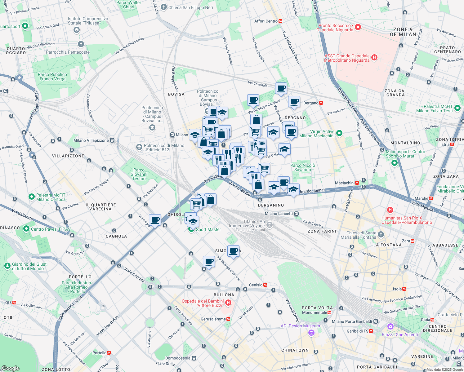 map of restaurants, bars, coffee shops, grocery stores, and more near 37 Viale Luigi Bodio in Milano