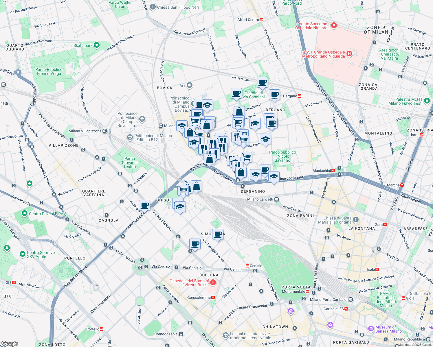 map of restaurants, bars, coffee shops, grocery stores, and more near 37 Viale Luigi Bodio in Milano