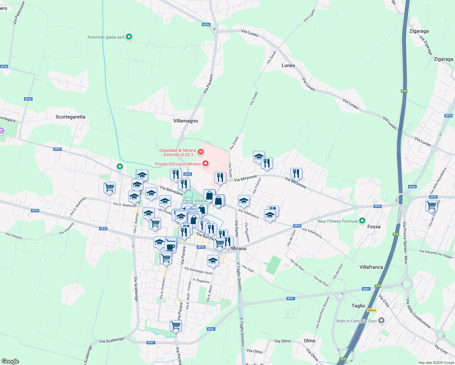 map of restaurants, bars, coffee shops, grocery stores, and more near 7 Via Luigi Mariutto in Mirano