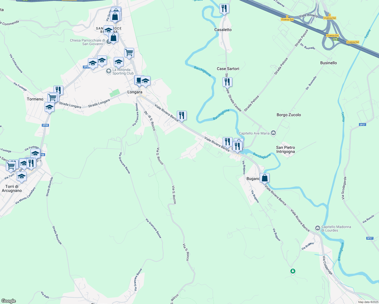 map of restaurants, bars, coffee shops, grocery stores, and more near 45 Strada Monte Grande in Vicenza