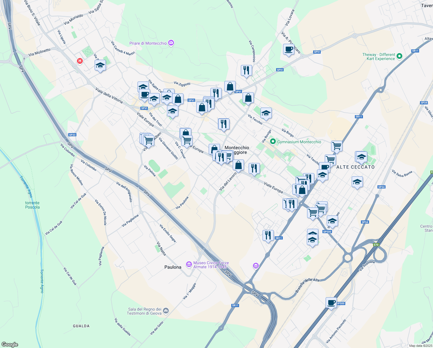 map of restaurants, bars, coffee shops, grocery stores, and more near 9 Via Giovanni Pascoli in Montecchio Maggiore-Alte Ceccato