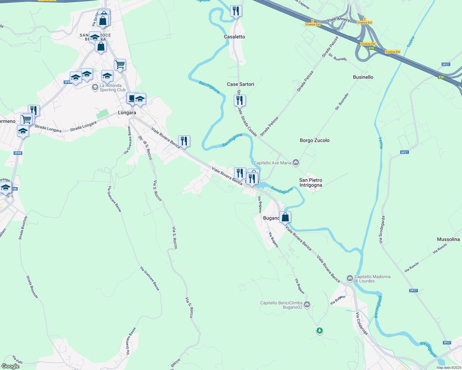 map of restaurants, bars, coffee shops, grocery stores, and more near 4 Via Giuseppe Faggin in Provincia di Vicenza