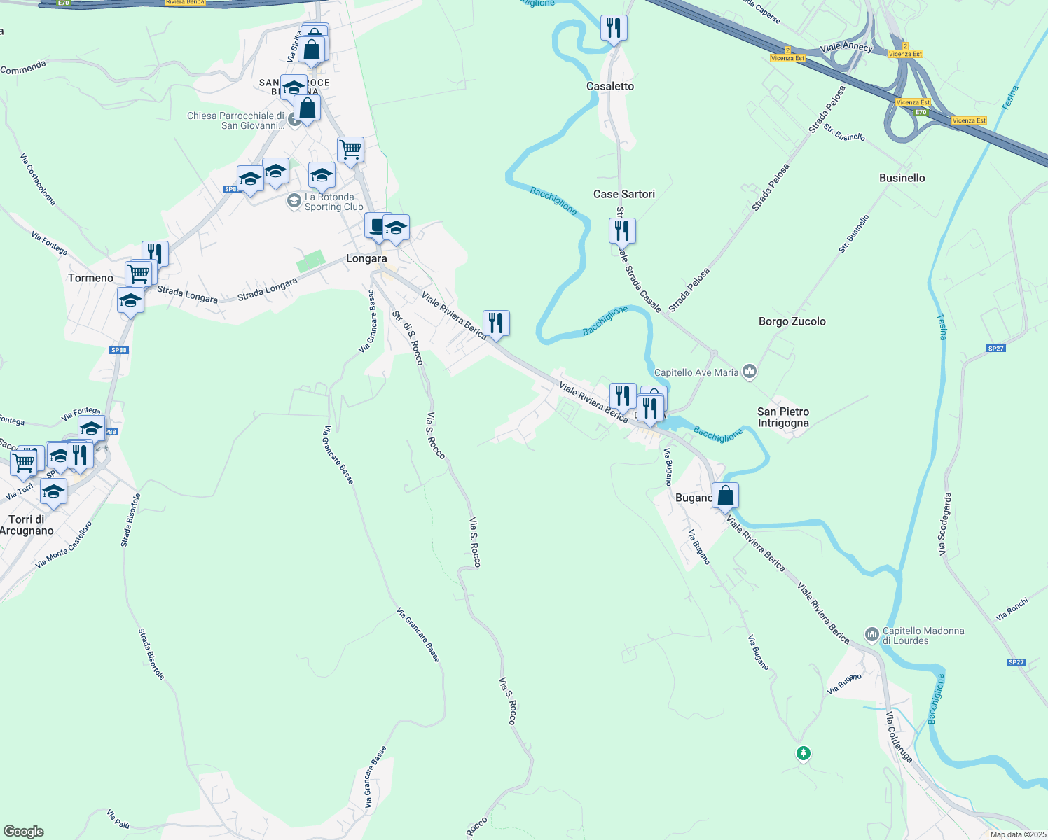 map of restaurants, bars, coffee shops, grocery stores, and more near 45 Strada Monte Grande in Vicenza