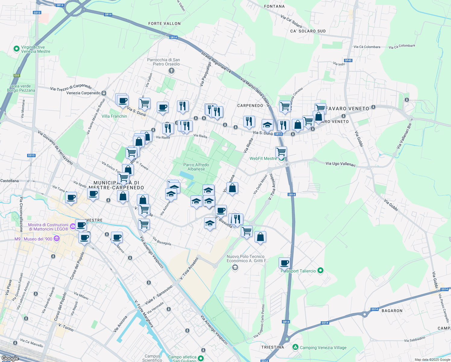 map of restaurants, bars, coffee shops, grocery stores, and more near 23 Via Marziale in Venezia