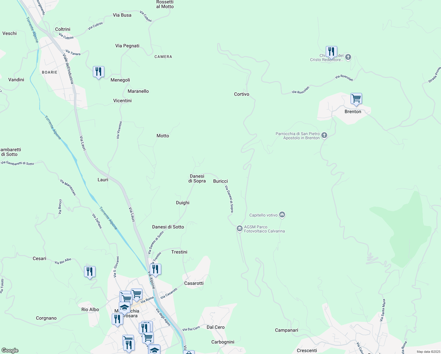 map of restaurants, bars, coffee shops, grocery stores, and more near 40 Via Danesi di Sopra in Buricci