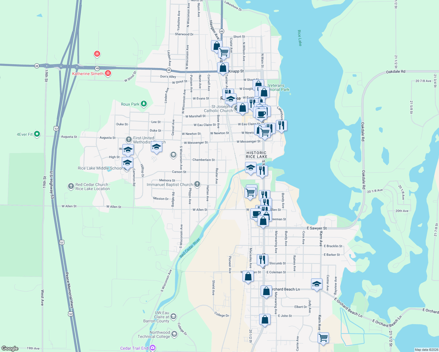 map of restaurants, bars, coffee shops, grocery stores, and more near 211 Reuter Avenue in Rice Lake