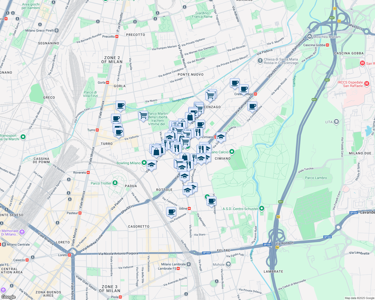 map of restaurants, bars, coffee shops, grocery stores, and more near 5 Via Privata Benadir in Milano
