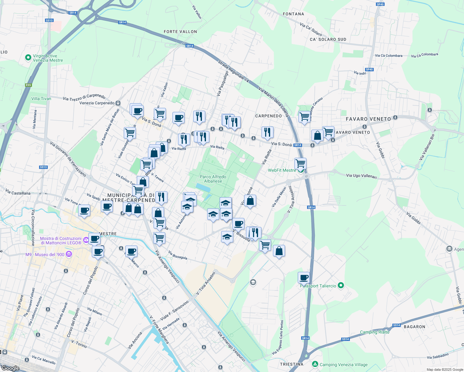 map of restaurants, bars, coffee shops, grocery stores, and more near 23 Via Marziale Valerio in Venezia