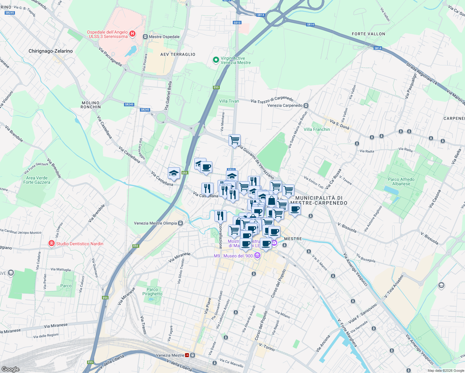 map of restaurants, bars, coffee shops, grocery stores, and more near 1 Via Bruno Nao in Venezia