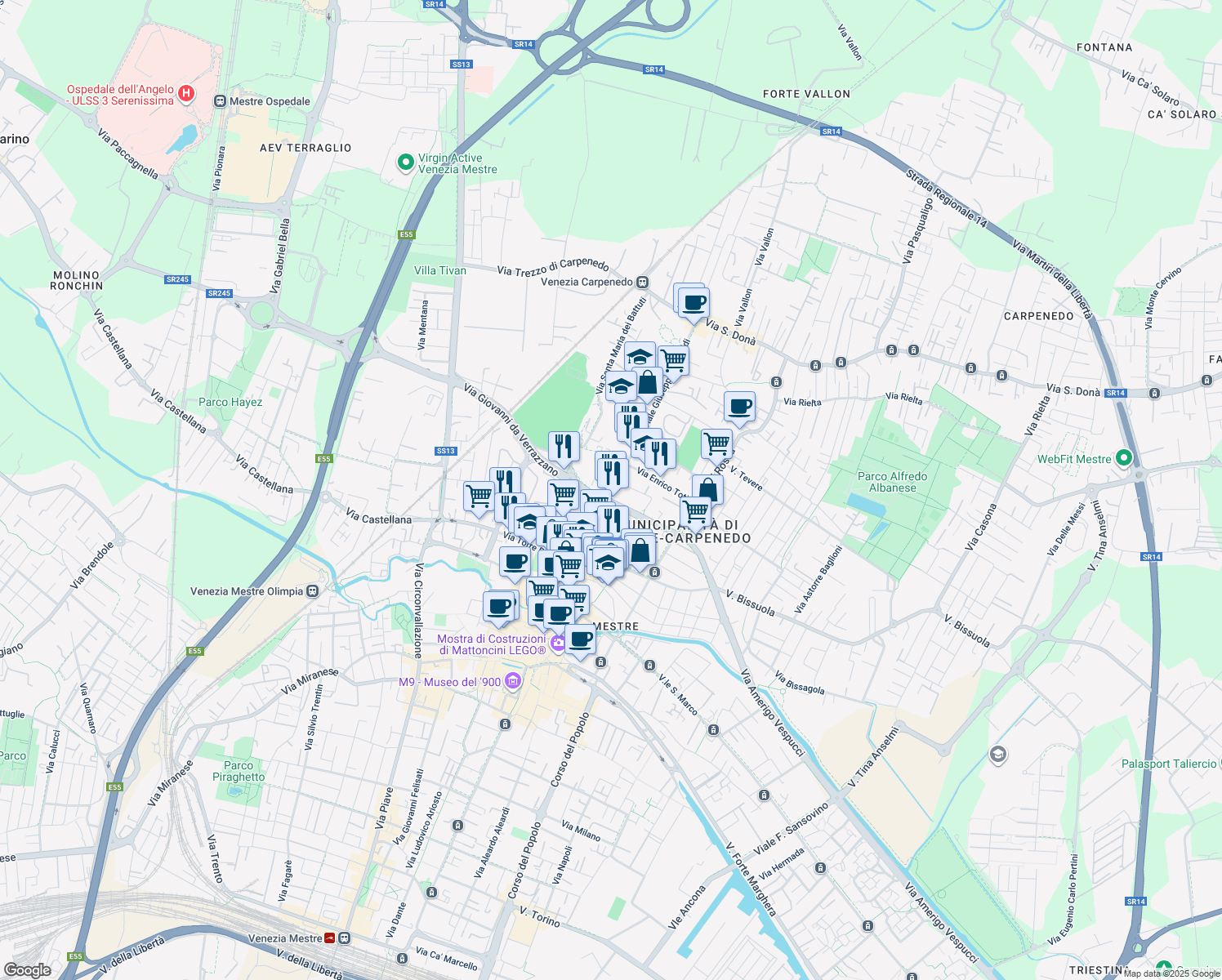 map of restaurants, bars, coffee shops, grocery stores, and more near Via Giosuè Carducci in Venezia
