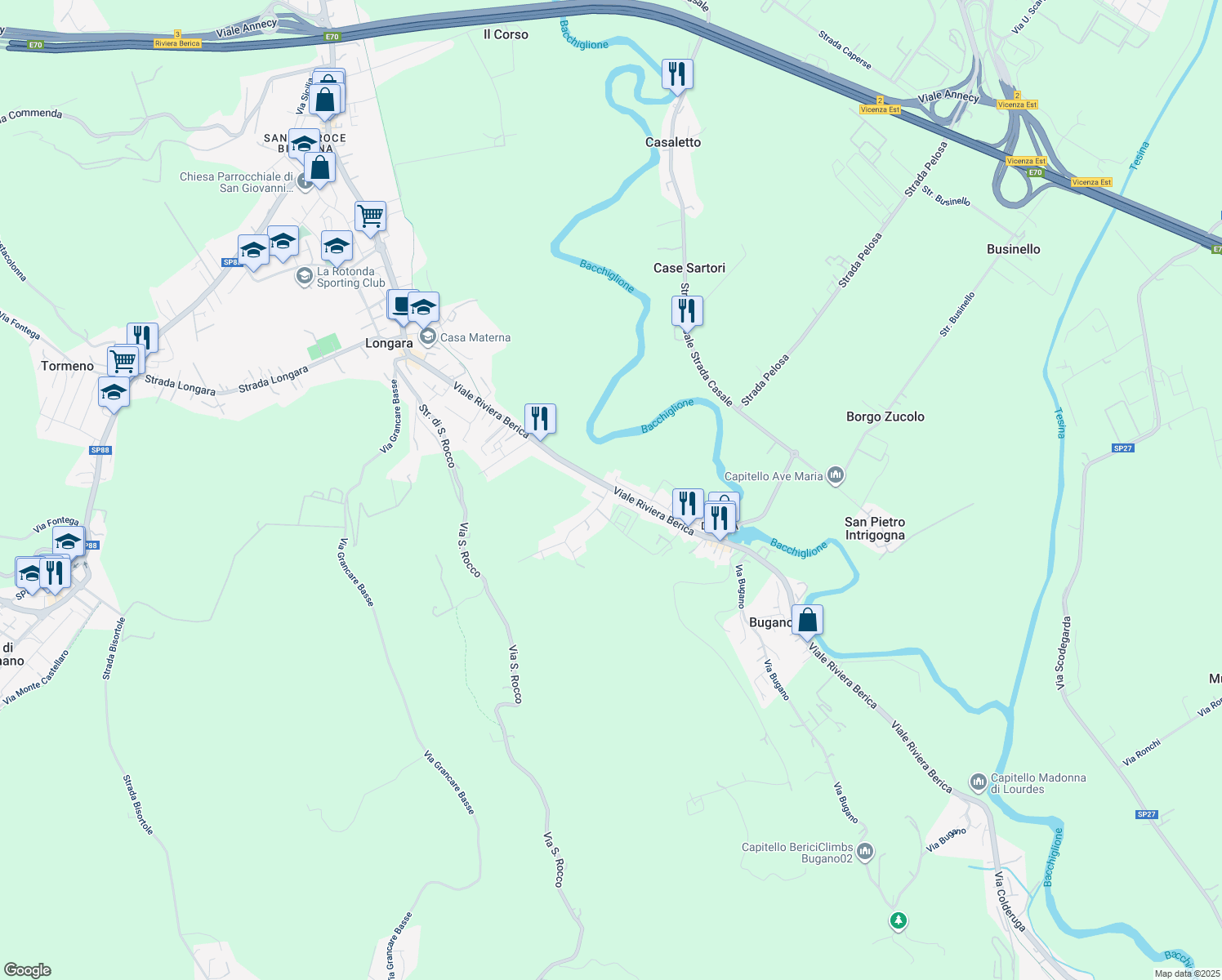 map of restaurants, bars, coffee shops, grocery stores, and more near in Vicenza