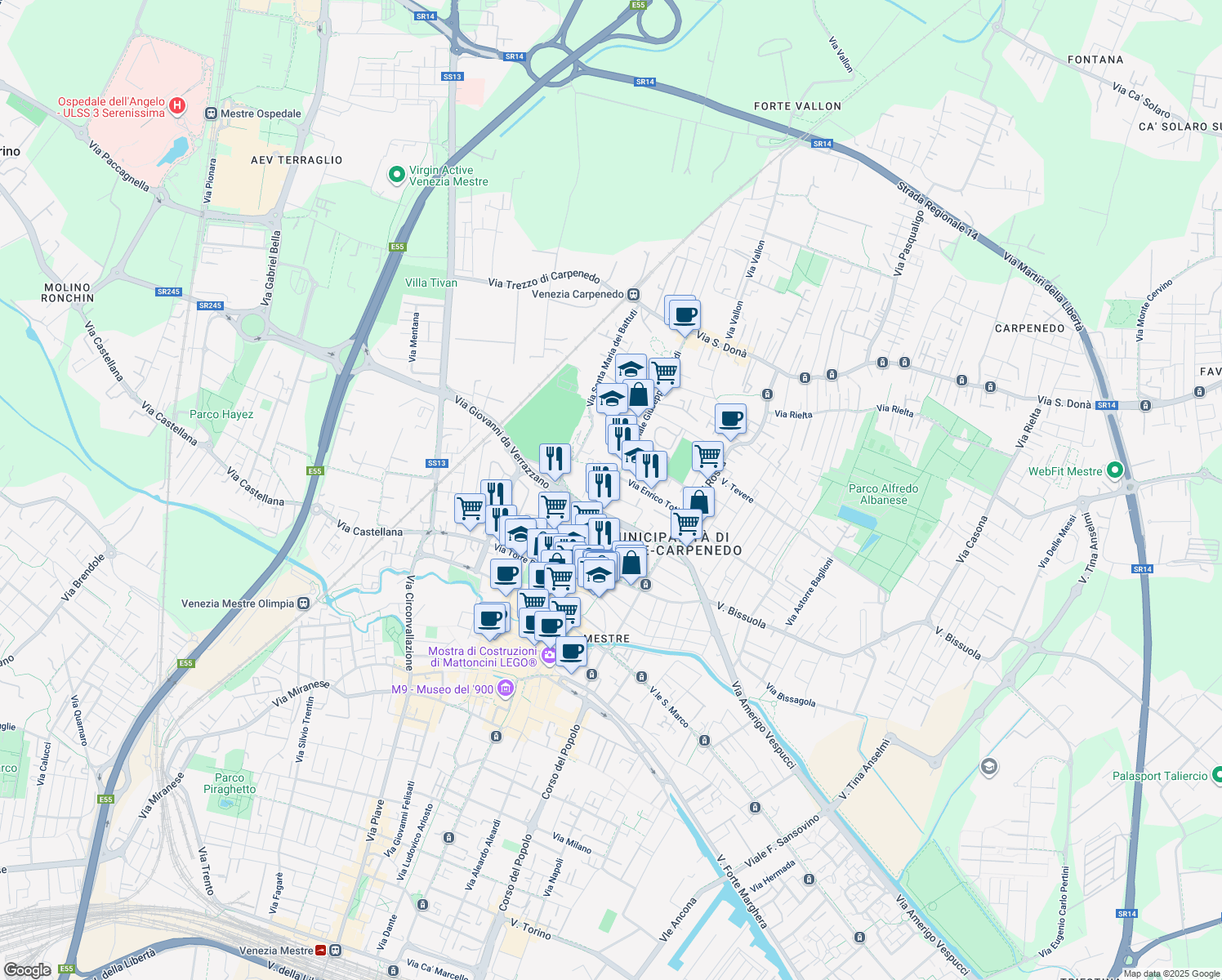 map of restaurants, bars, coffee shops, grocery stores, and more near Via Giosuè Borsi in Mestre
