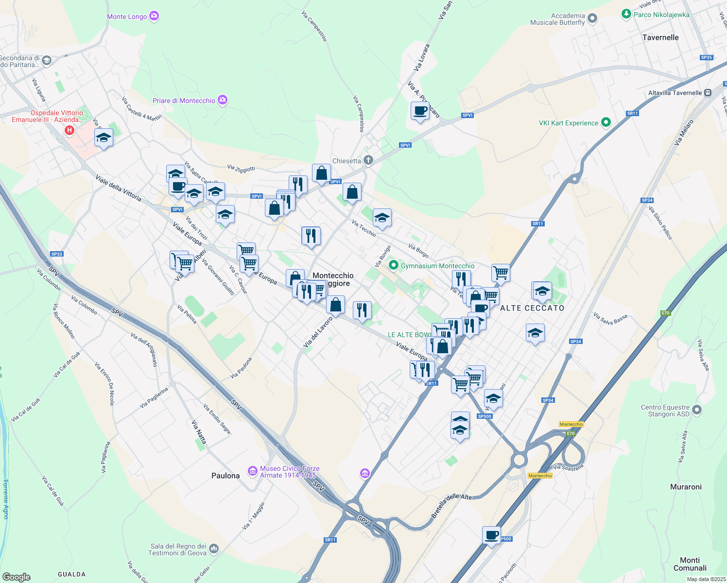 map of restaurants, bars, coffee shops, grocery stores, and more near 50 Via Madonnetta in Montecchio Maggiore-Alte Ceccato