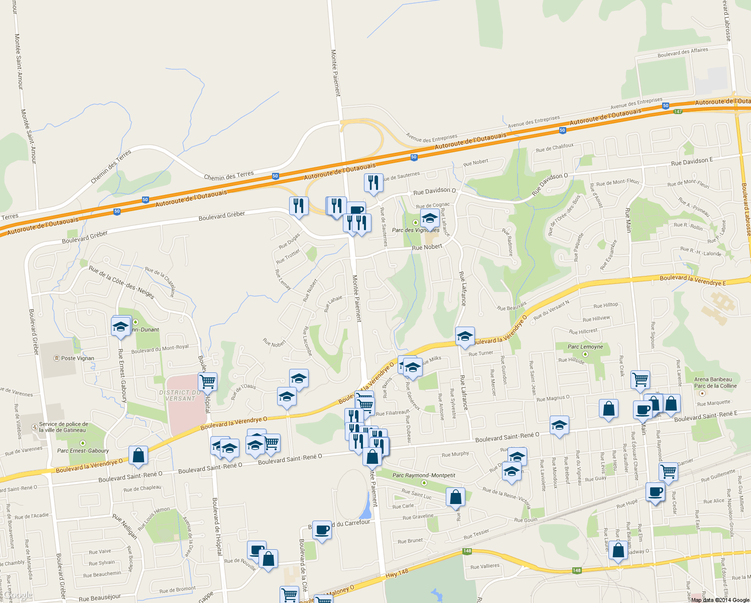 map of restaurants, bars, coffee shops, grocery stores, and more near 299 Rue de Saint-Émilion in Gatineau