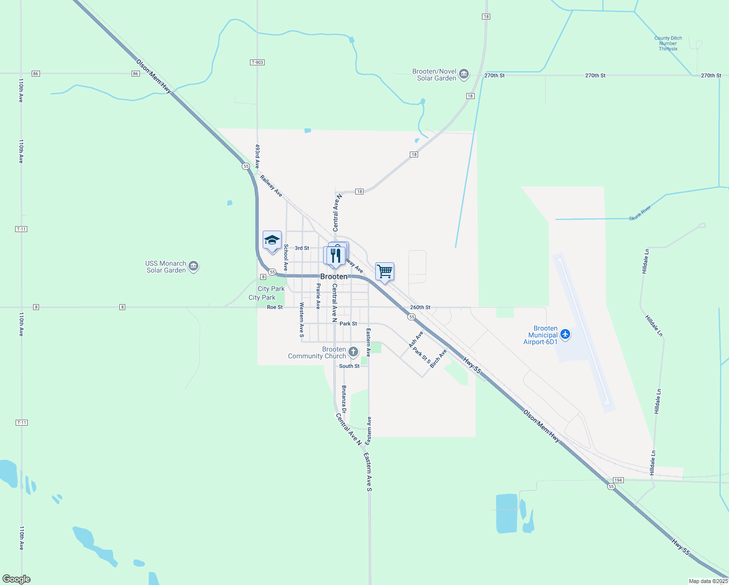 map of restaurants, bars, coffee shops, grocery stores, and more near 610 Hatton Street South in Brooten