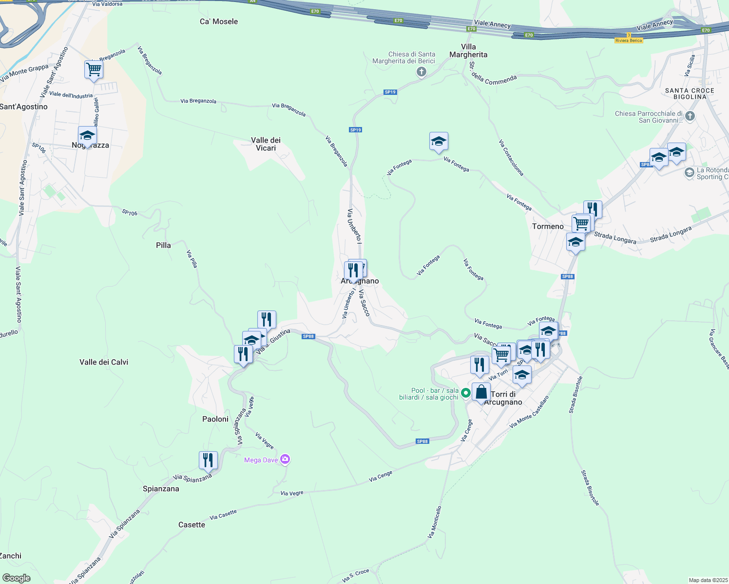 map of restaurants, bars, coffee shops, grocery stores, and more near 55 Via Giardini in Torri di Arcugnano