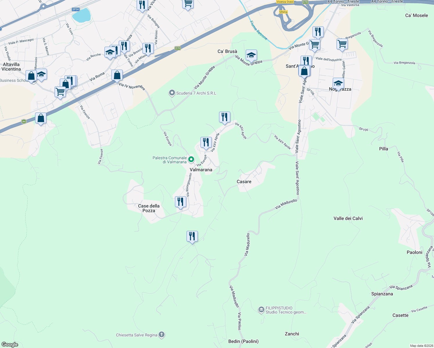 map of restaurants, bars, coffee shops, grocery stores, and more near 25 Via Monte Cimone in Provincia di Vicenza