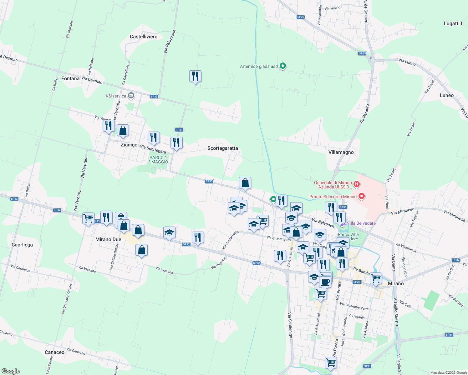 map of restaurants, bars, coffee shops, grocery stores, and more near 26 Via Scortegara in Mirano