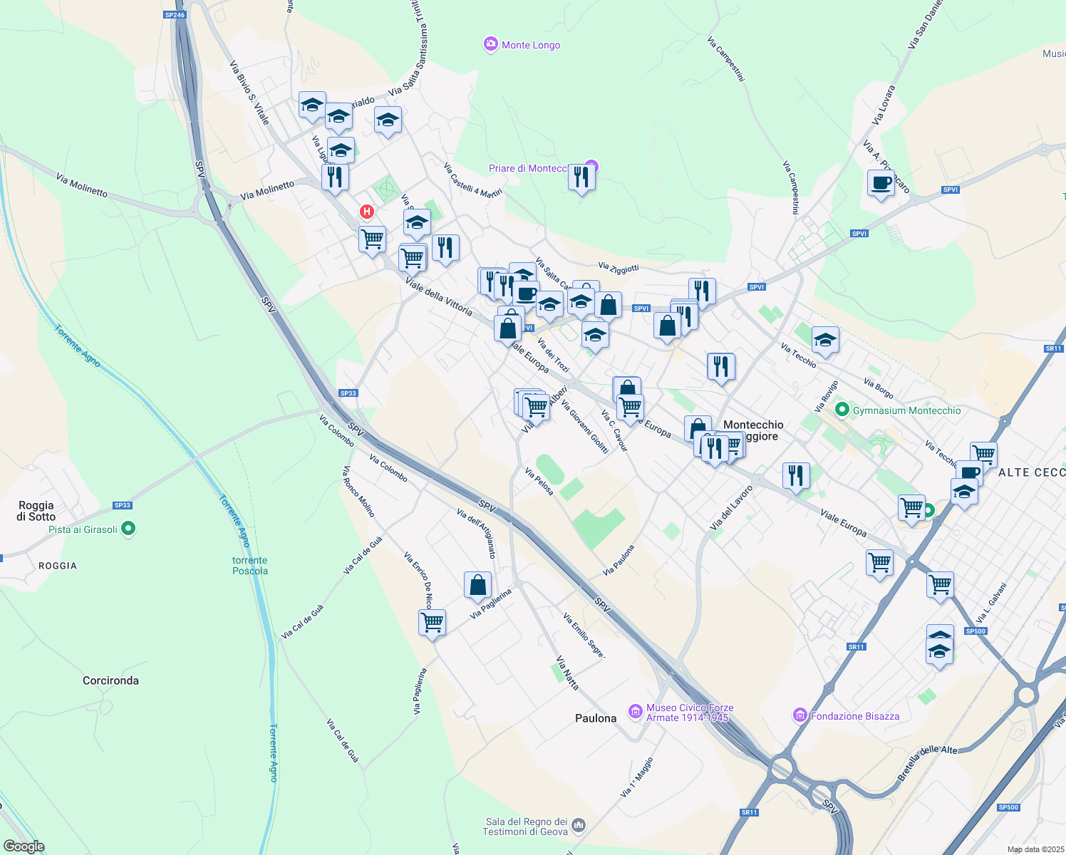 map of restaurants, bars, coffee shops, grocery stores, and more near 14 Via degli Alberi in Montecchio Maggiore