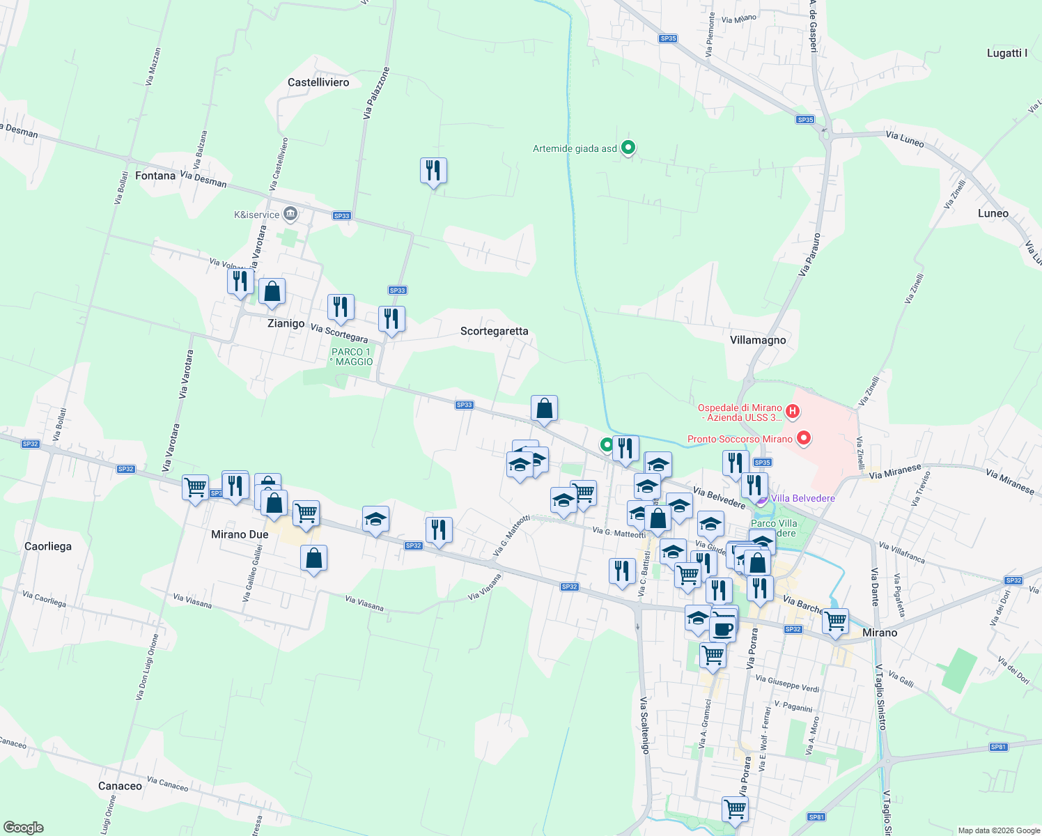 map of restaurants, bars, coffee shops, grocery stores, and more near 26 Via Scortegara in Mirano