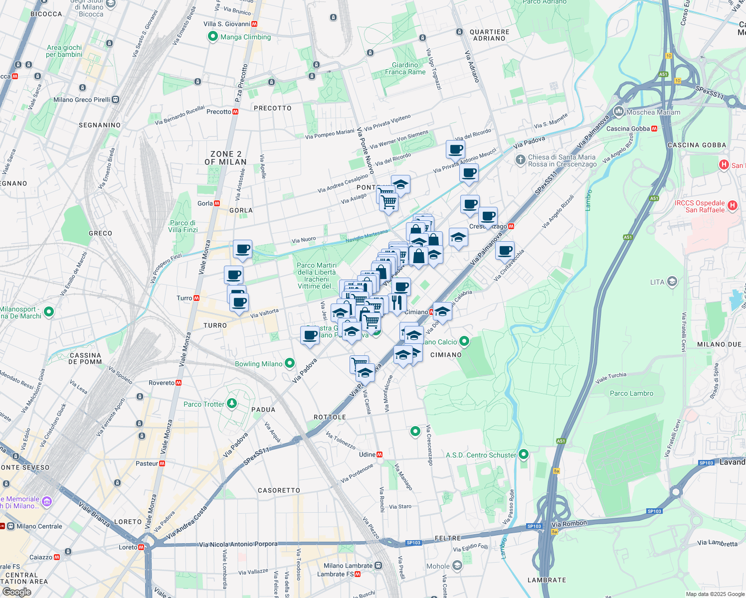 map of restaurants, bars, coffee shops, grocery stores, and more near 180 Via Padova in Milano