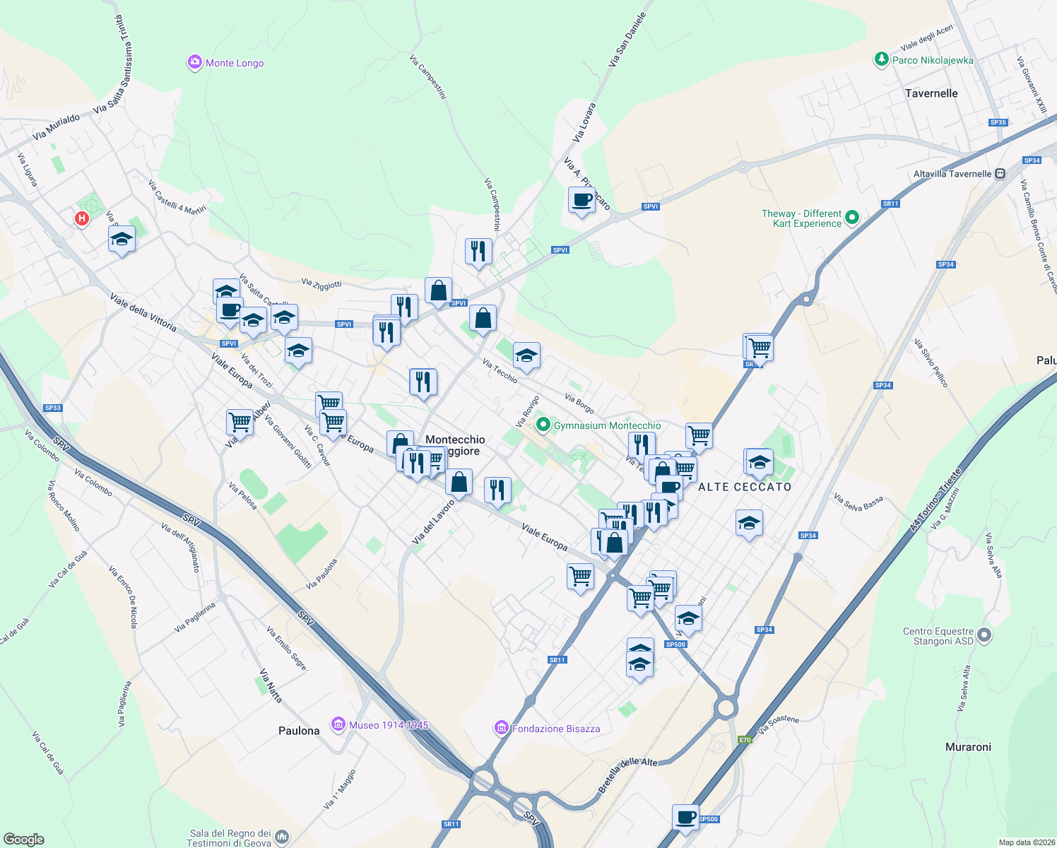 map of restaurants, bars, coffee shops, grocery stores, and more near 1 Piazza G. Carli in Montecchio Maggiore