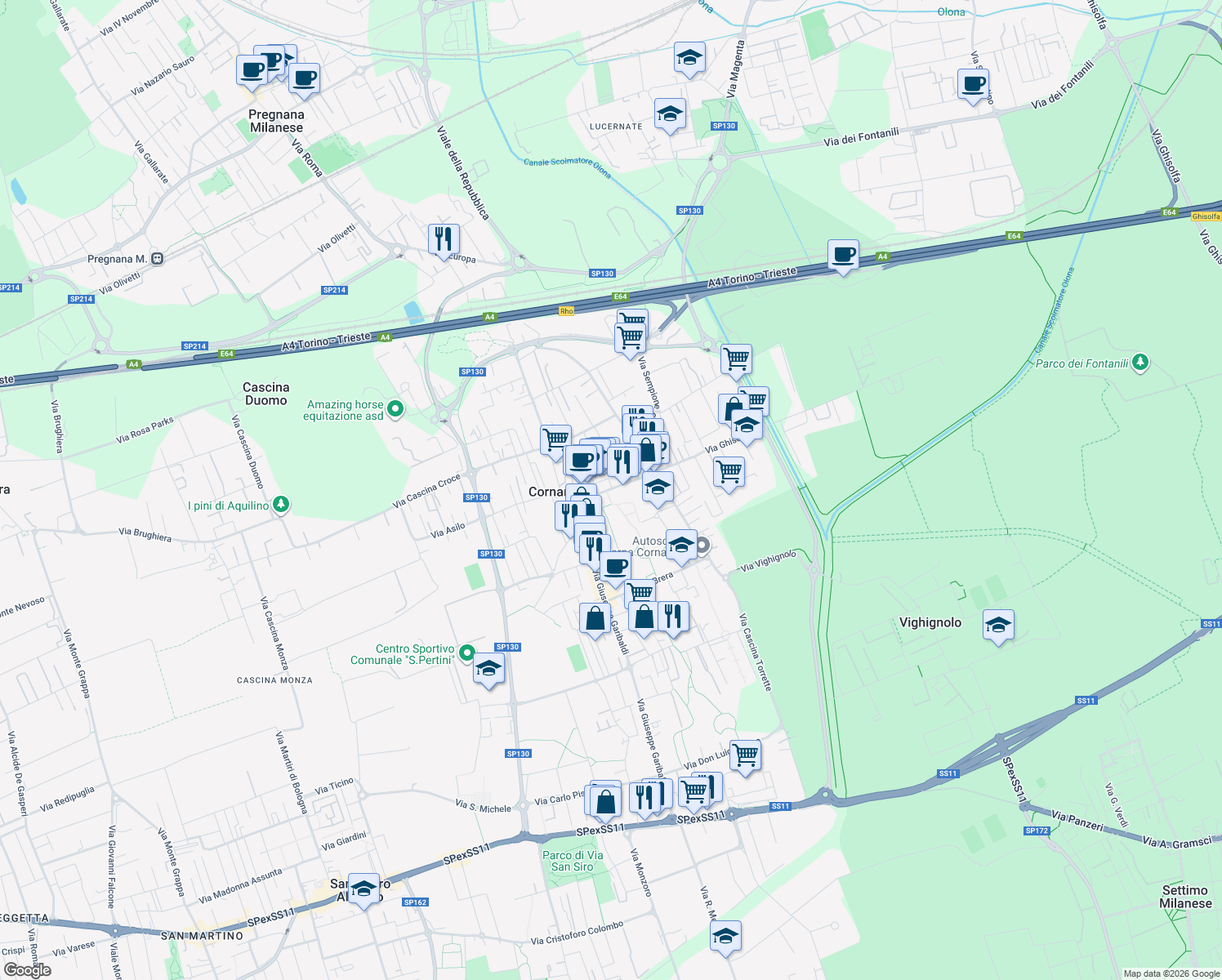 map of restaurants, bars, coffee shops, grocery stores, and more near 62 Piazza Libertà in Cornaredo
