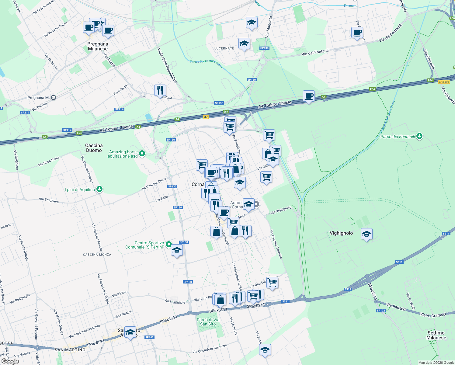 map of restaurants, bars, coffee shops, grocery stores, and more near 62 Piazza Libertà in Cornaredo