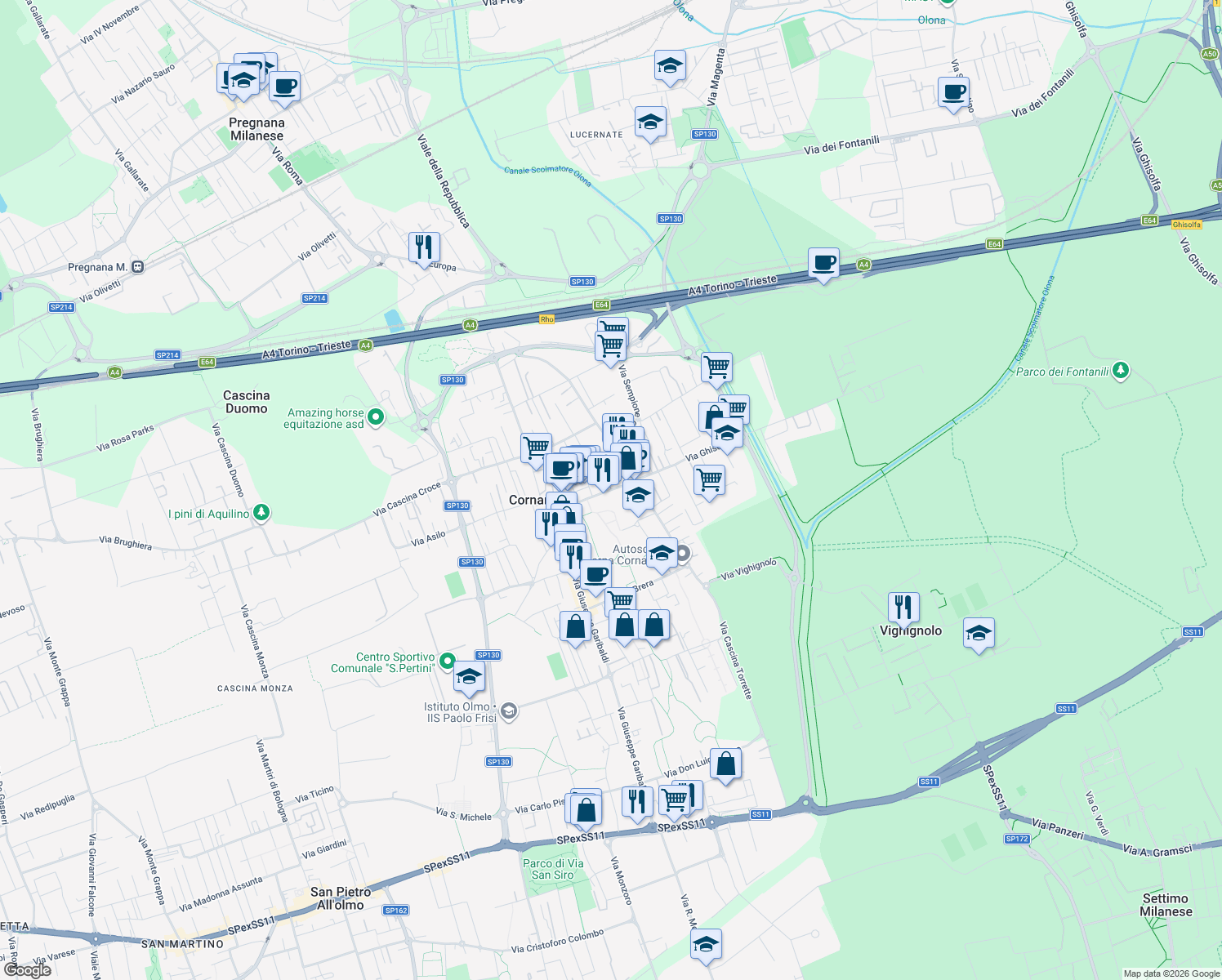 map of restaurants, bars, coffee shops, grocery stores, and more near 62 Piazza della Libertà in Cornaredo