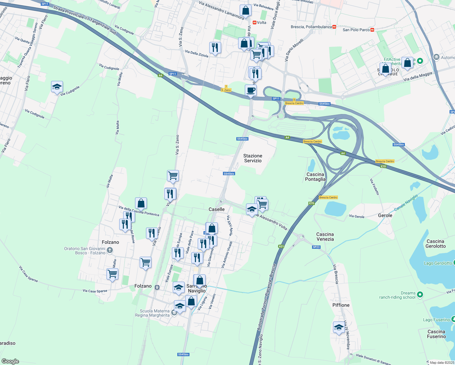 map of restaurants, bars, coffee shops, grocery stores, and more near 207 Via A. Diaz in Stazione Servizio