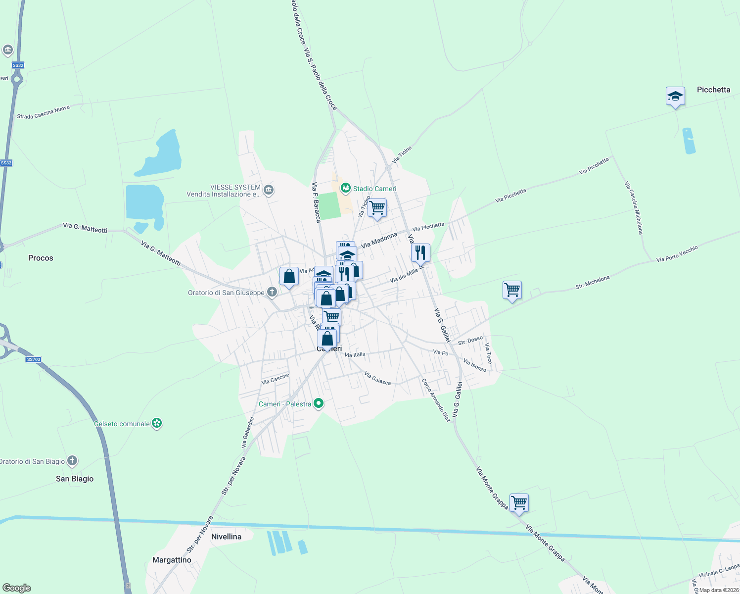map of restaurants, bars, coffee shops, grocery stores, and more near 4C Via dei Mille in Cameri