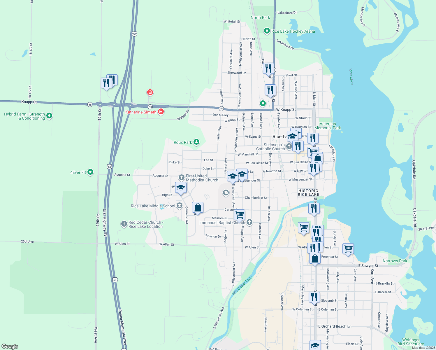 map of restaurants, bars, coffee shops, grocery stores, and more near 815 Augusta Street in Rice Lake