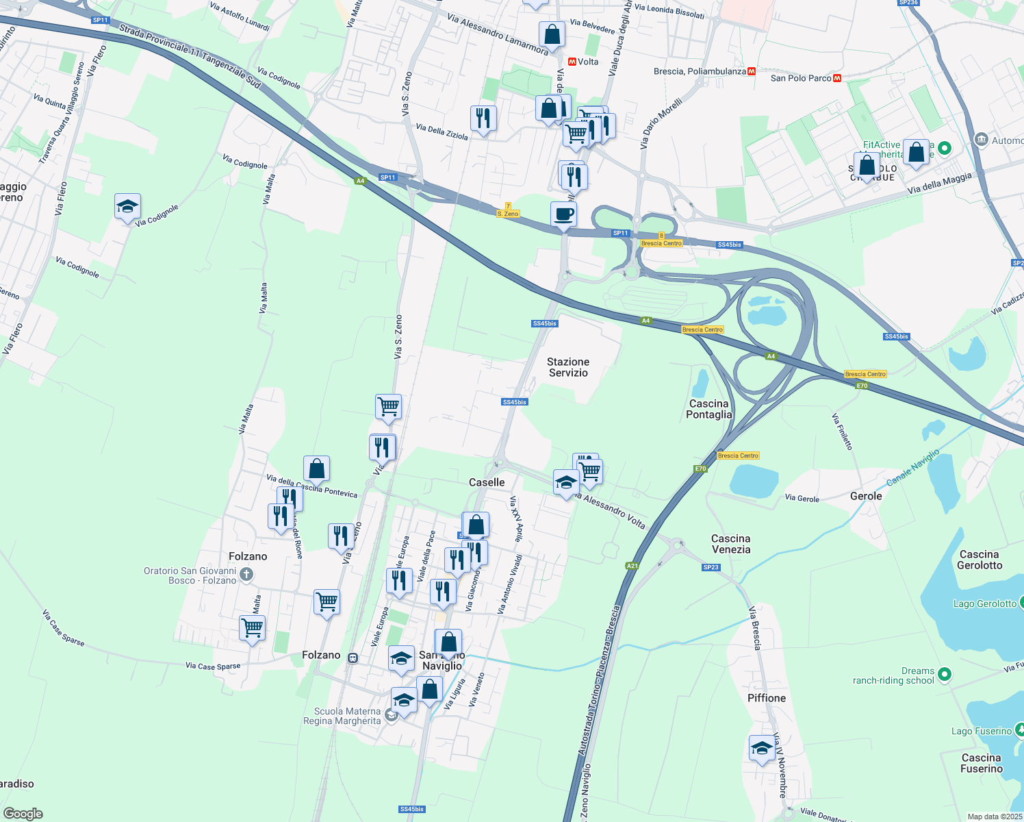 map of restaurants, bars, coffee shops, grocery stores, and more near 207 Via Diaz in Stazione Servizio