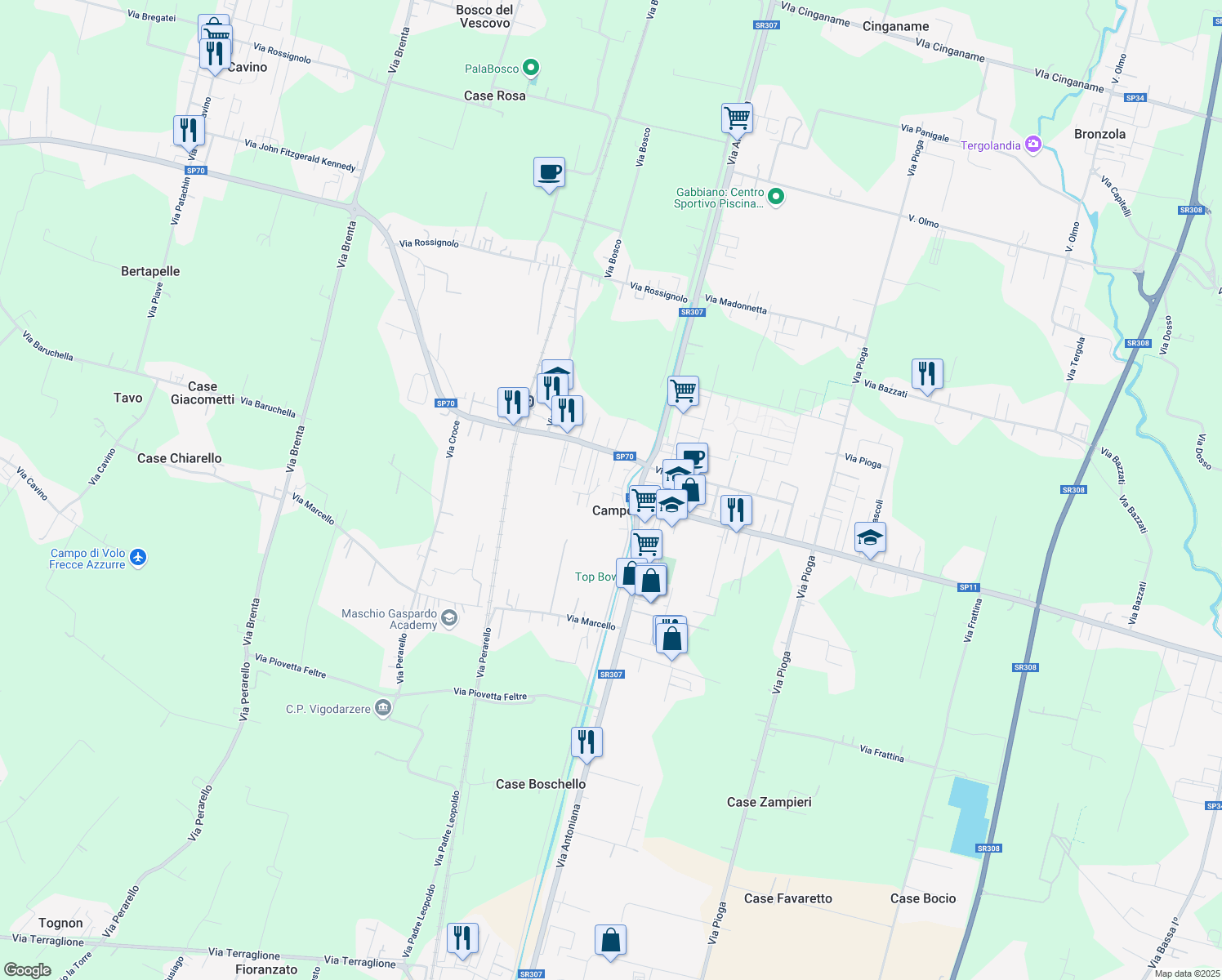 map of restaurants, bars, coffee shops, grocery stores, and more near 11 Via Fermi in Campodarsego
