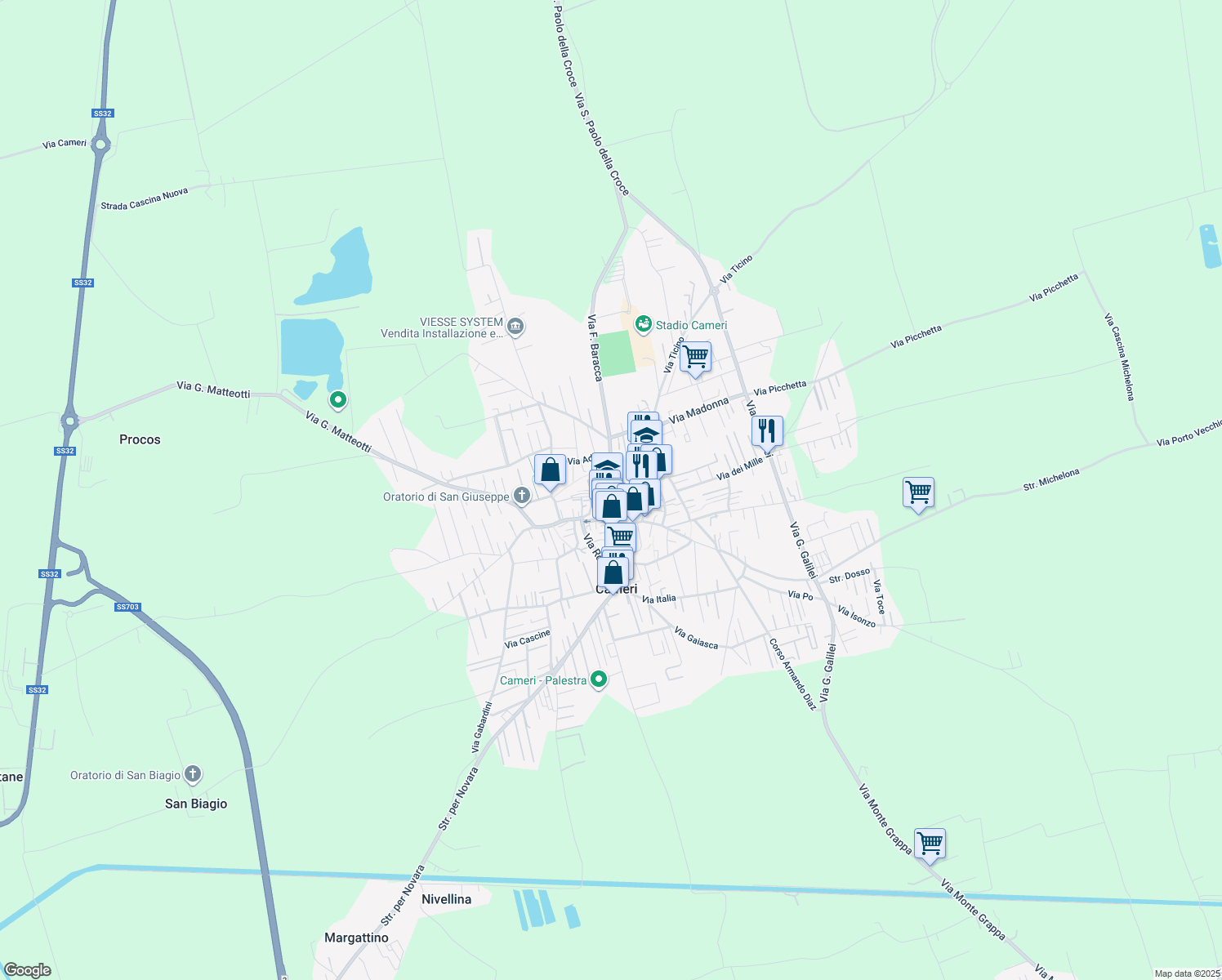 map of restaurants, bars, coffee shops, grocery stores, and more near 41B Via Francesco Baracca in Cameri
