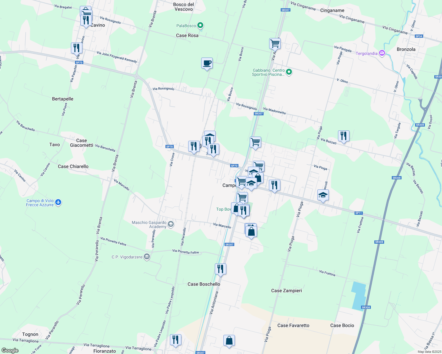 map of restaurants, bars, coffee shops, grocery stores, and more near 20 Via Ferraries in Campodarsego