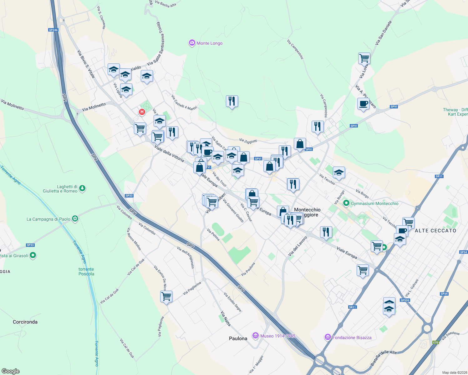 map of restaurants, bars, coffee shops, grocery stores, and more near 19 Via Trozi in Montecchio Maggiore-Alte Ceccato