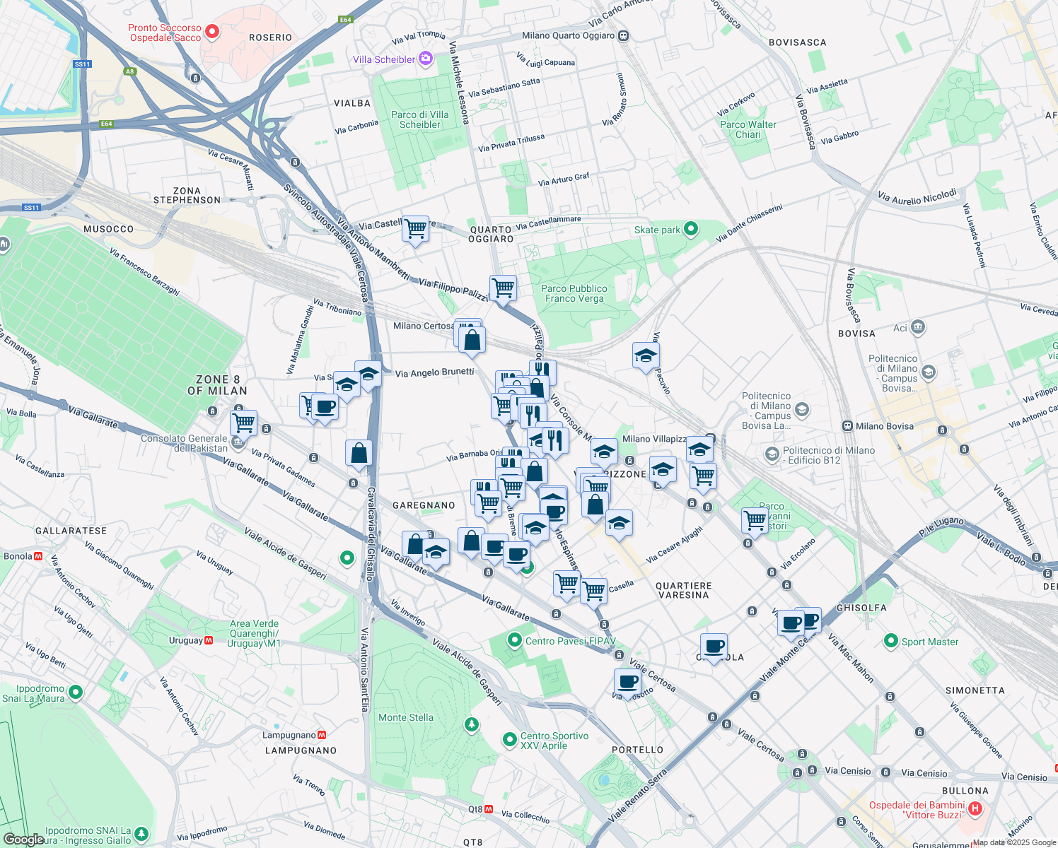 map of restaurants, bars, coffee shops, grocery stores, and more near 158 Via Varesina in Milano