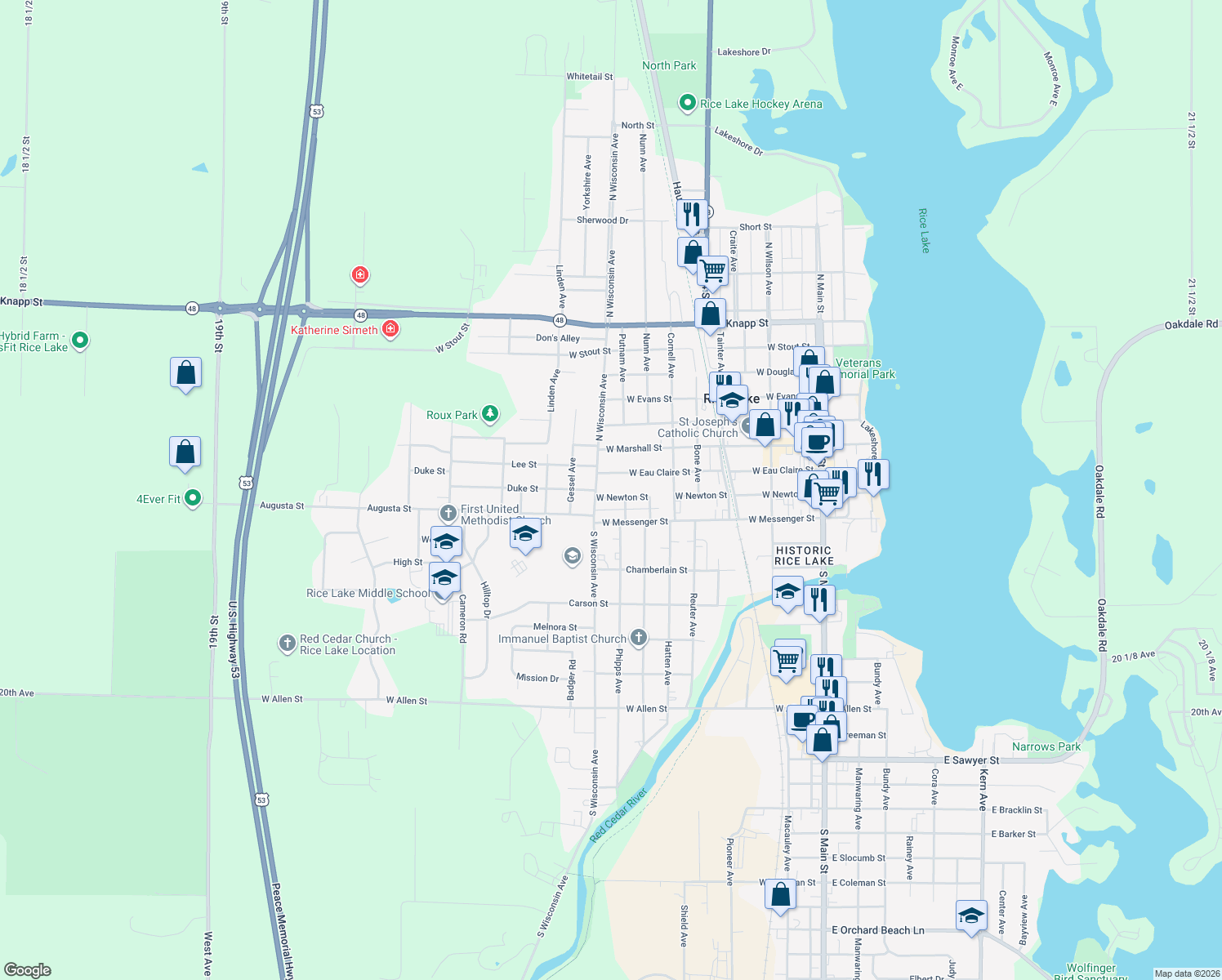 map of restaurants, bars, coffee shops, grocery stores, and more near 611 West Newton Street in Rice Lake