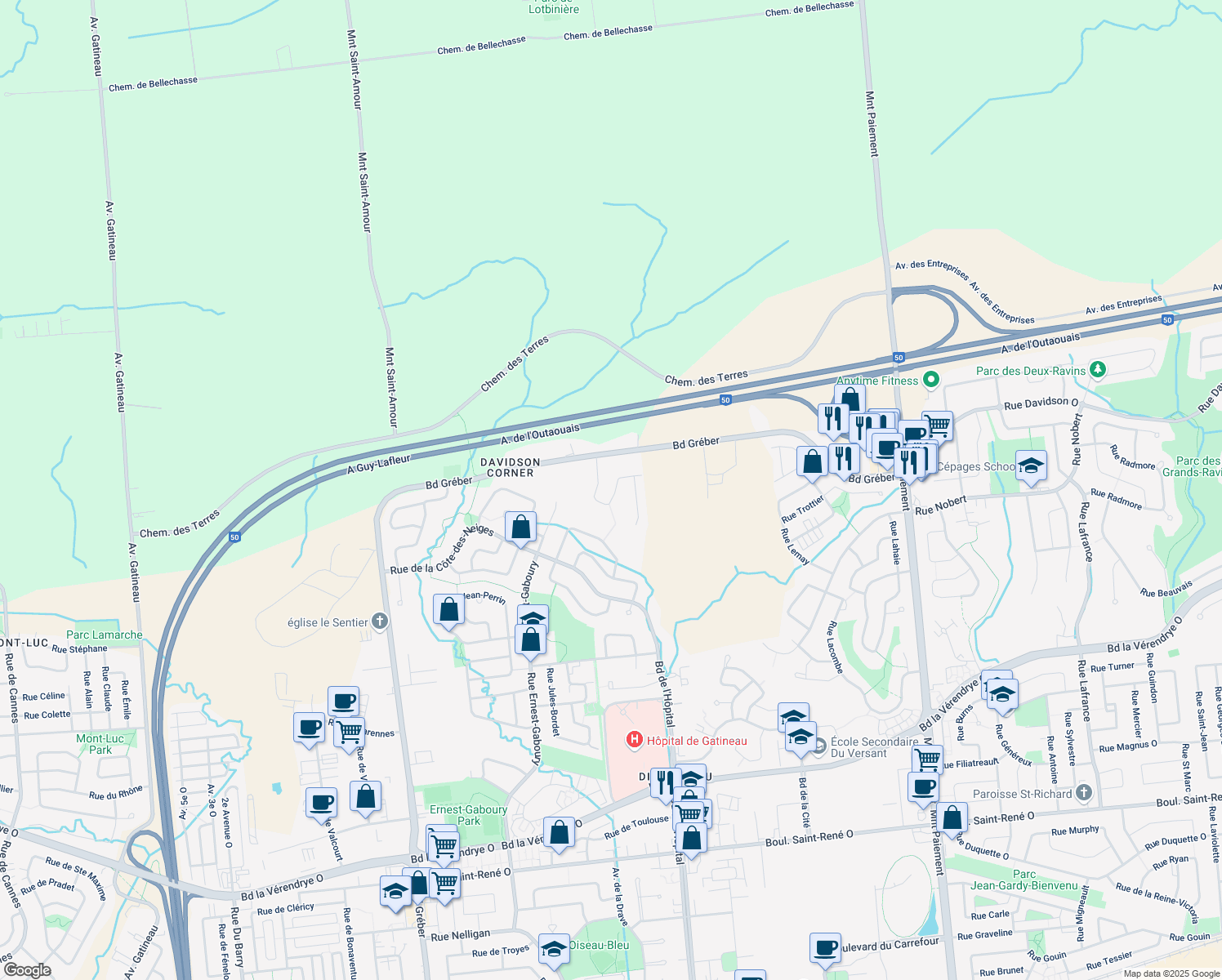 map of restaurants, bars, coffee shops, grocery stores, and more near 85 Rue du Musée in Gatineau