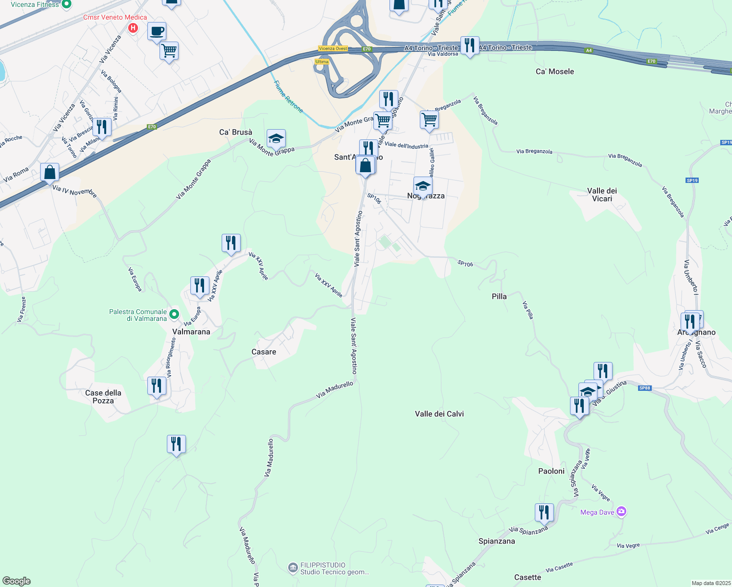 map of restaurants, bars, coffee shops, grocery stores, and more near 122 Via Mistrorigo in Nogarazza
