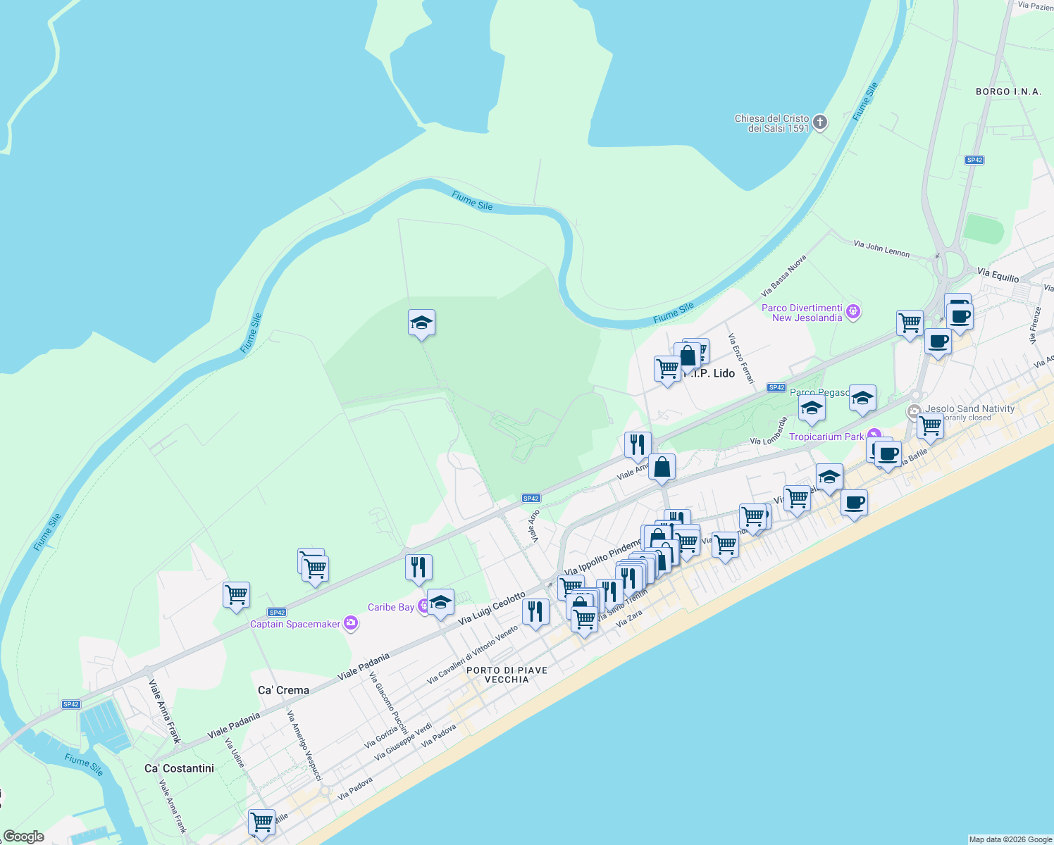 map of restaurants, bars, coffee shops, grocery stores, and more near Via Peter Reichegger in Venice