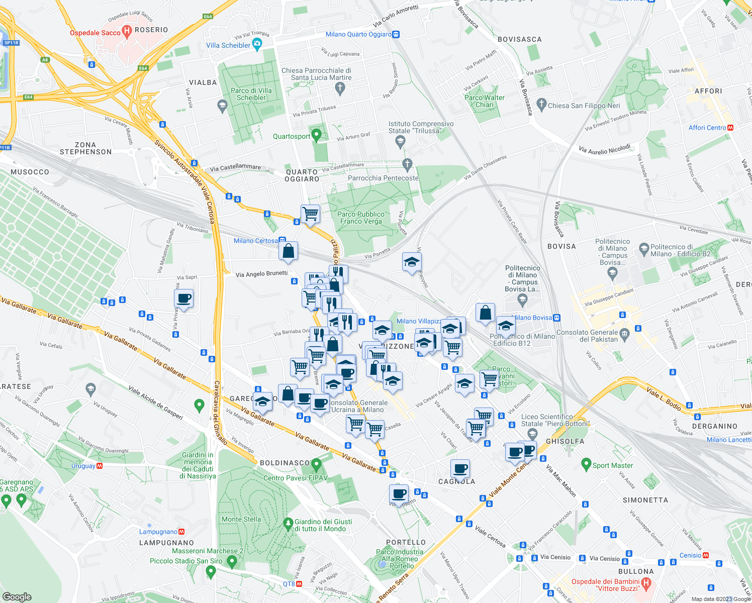 map of restaurants, bars, coffee shops, grocery stores, and more near Via Brivio in Milan