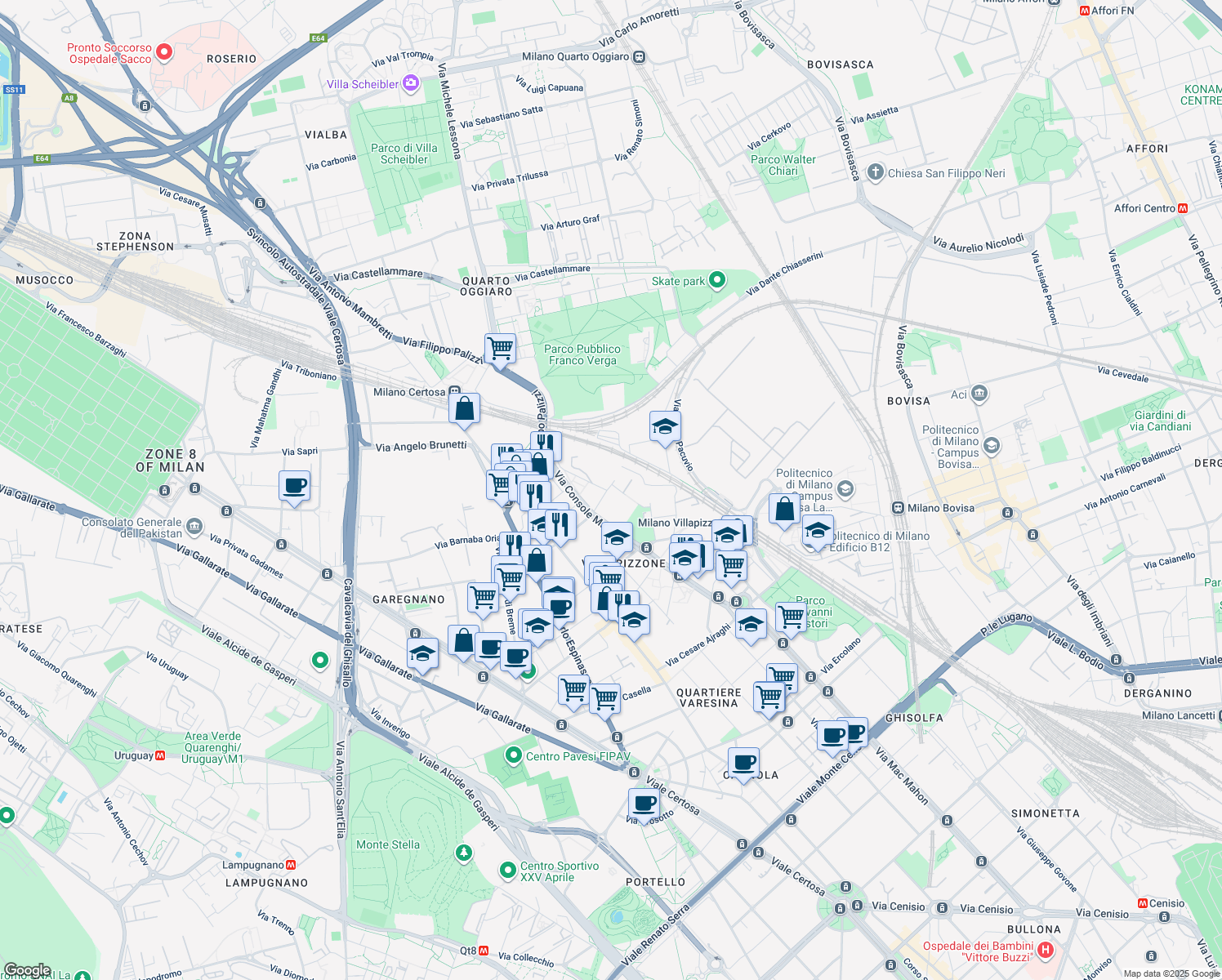 map of restaurants, bars, coffee shops, grocery stores, and more near Via Brivio in Milan