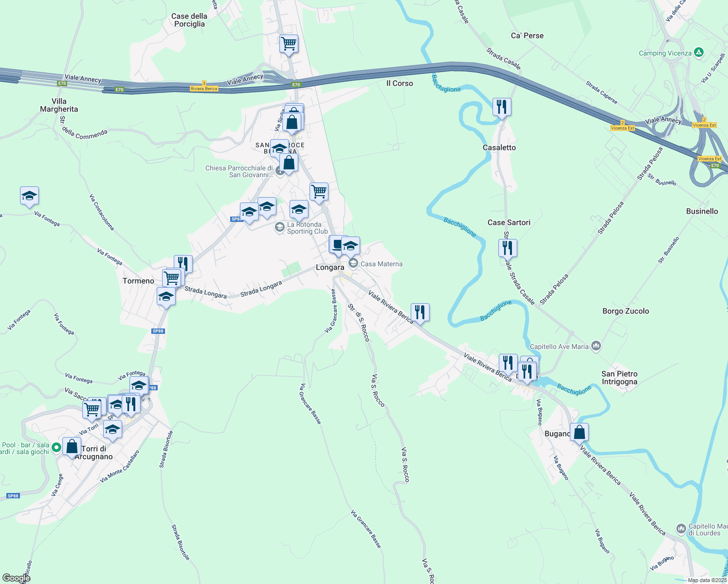 map of restaurants, bars, coffee shops, grocery stores, and more near 699/A Viale Riviera Berica in Vicenza