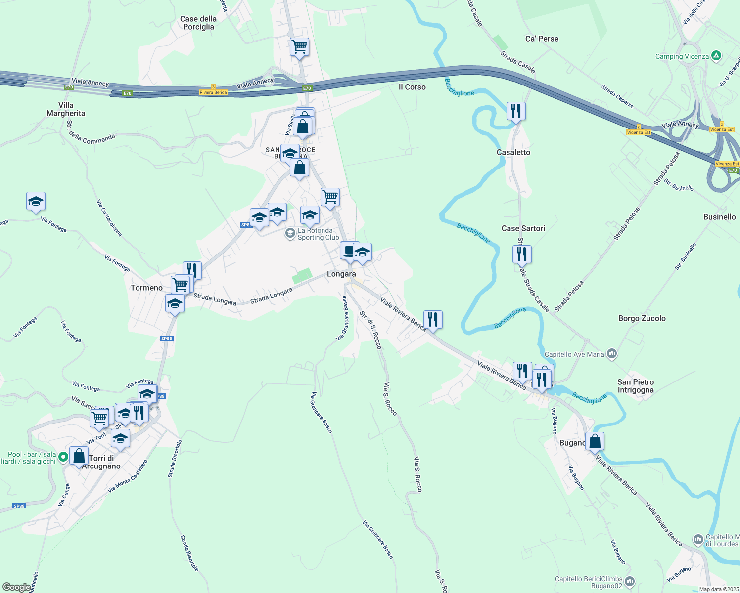 map of restaurants, bars, coffee shops, grocery stores, and more near Viale Riviera Berica in Vicenza